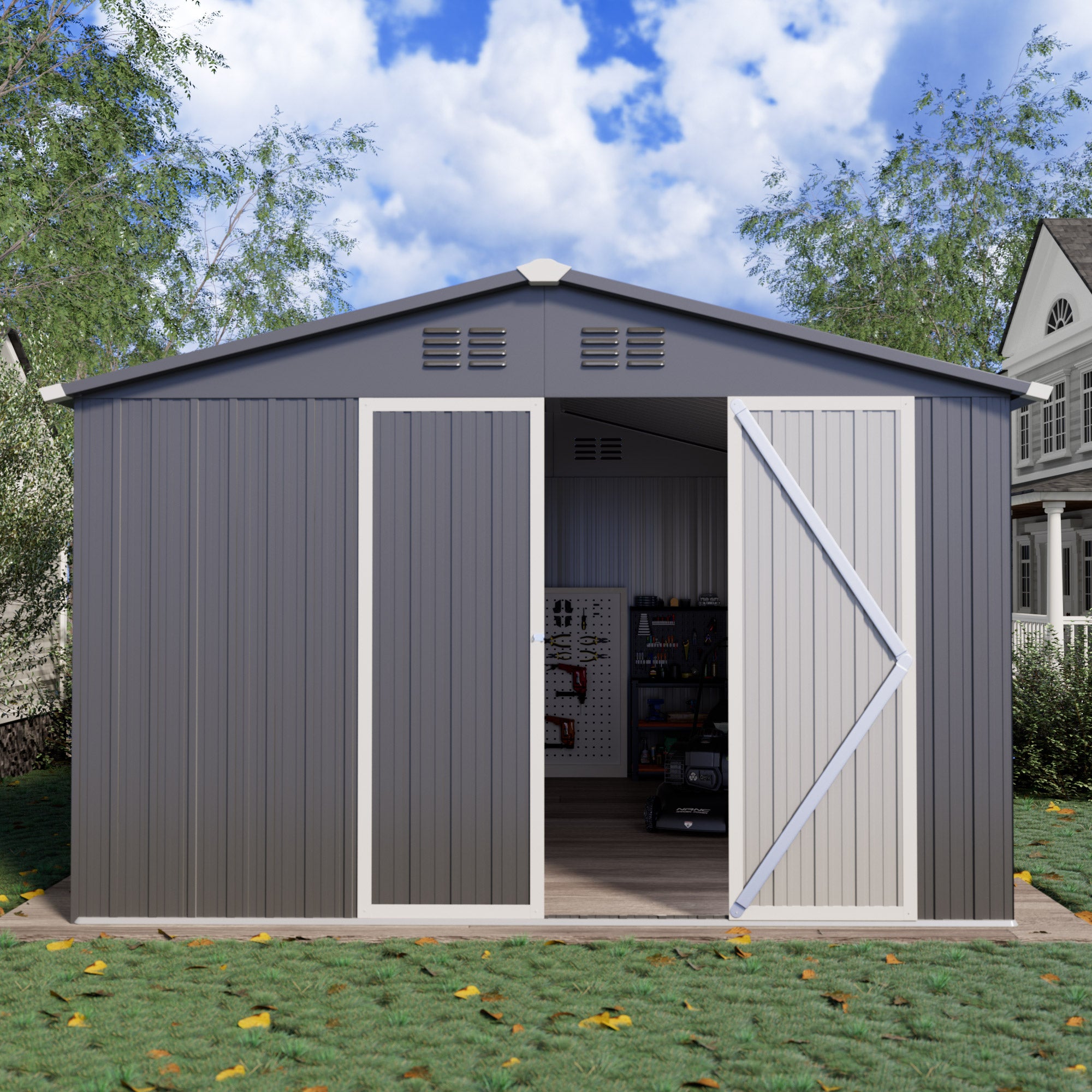 10 x 12 FT Storage Shed, Metal Sheds with Sloping Roof and Lockable Door, Outdoor Shed for Backyard Garden Patio and Lawn