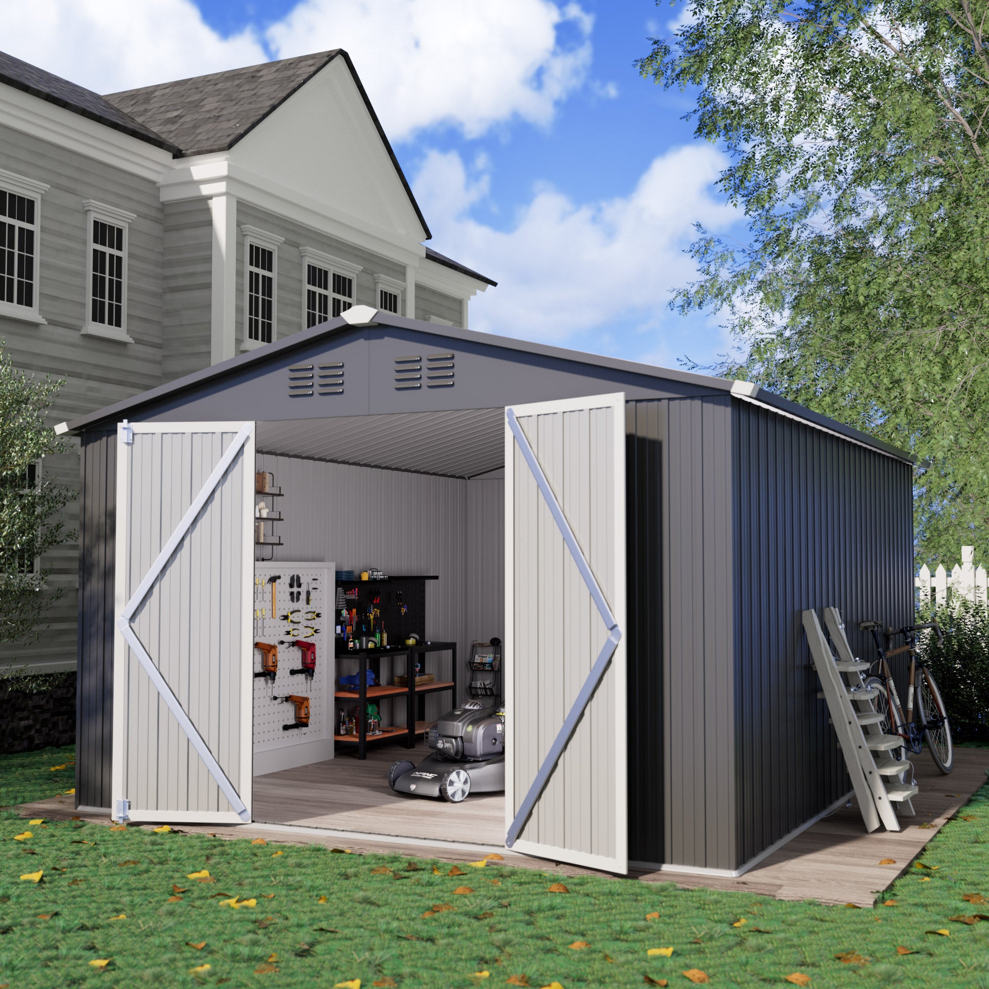 10 x 12 FT Storage Shed, Metal Sheds with Sloping Roof and Lockable Door, Outdoor Shed for Backyard Garden Patio and Lawn