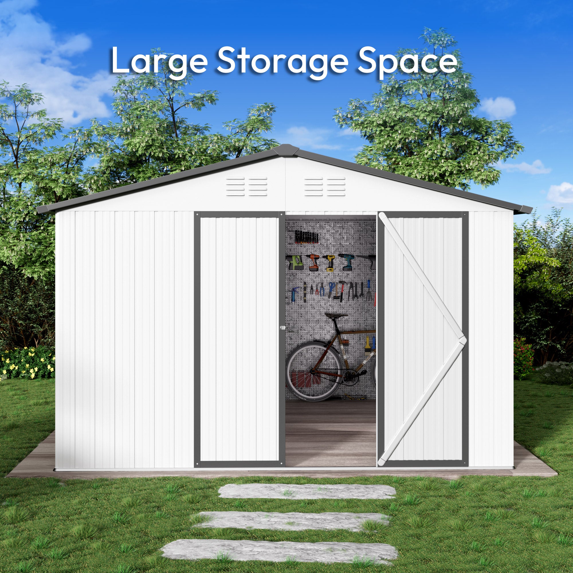 10 x 12 FT Storage Shed, Metal Sheds with Sloping Roof and Lockable Door, Outdoor Shed for Backyard Garden Patio and Lawn