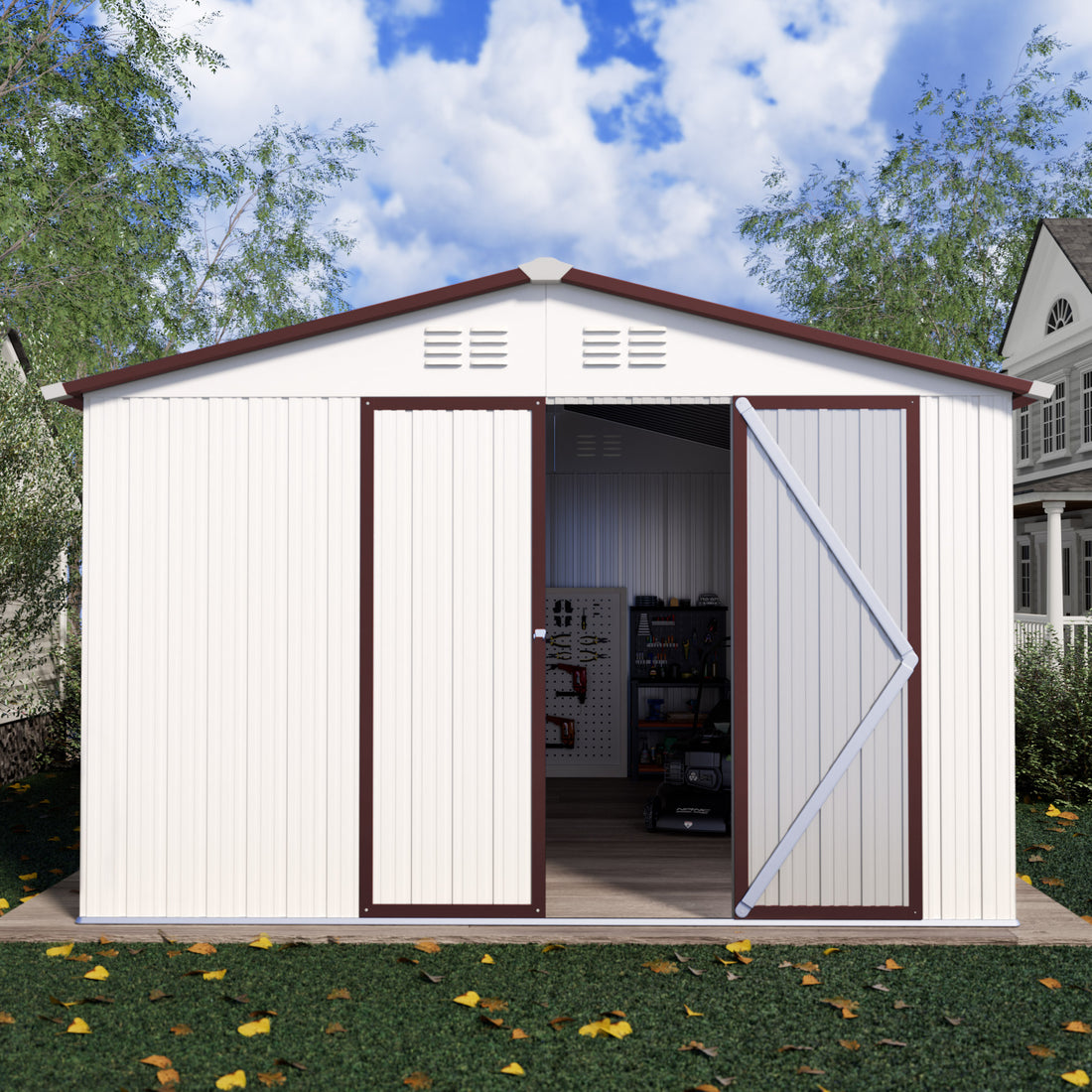 10 x 12 FT Storage Shed, Metal Sheds with Sloping Roof and Lockable Door, Outdoor Shed for Backyard Garden Patio and Lawn