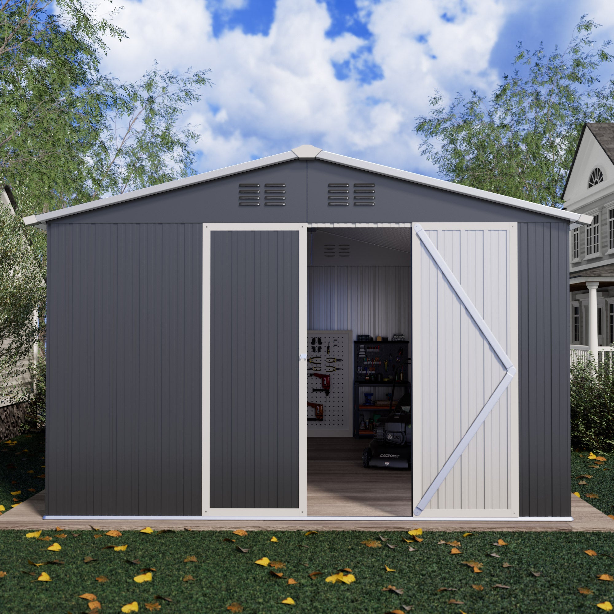 10 x 12 FT Storage Shed, Metal Sheds with Sloping Roof and Lockable Door, Outdoor Shed for Backyard Garden Patio and Lawn