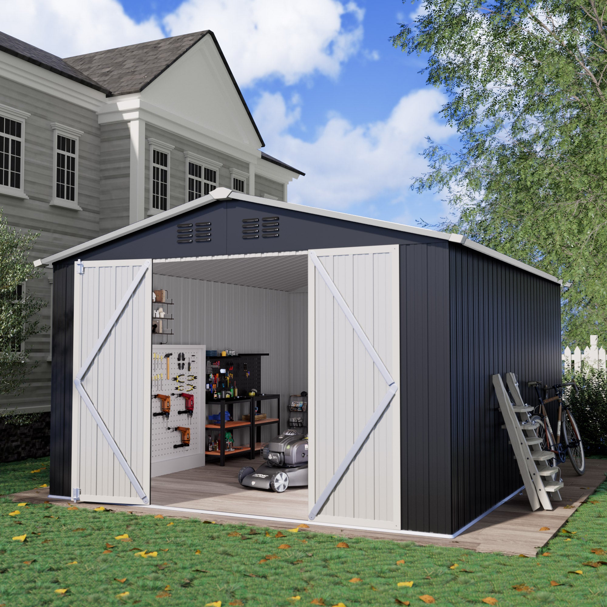 10 x 12 FT Storage Shed, Metal Sheds with Sloping Roof and Lockable Door, Outdoor Shed for Backyard Garden Patio and Lawn