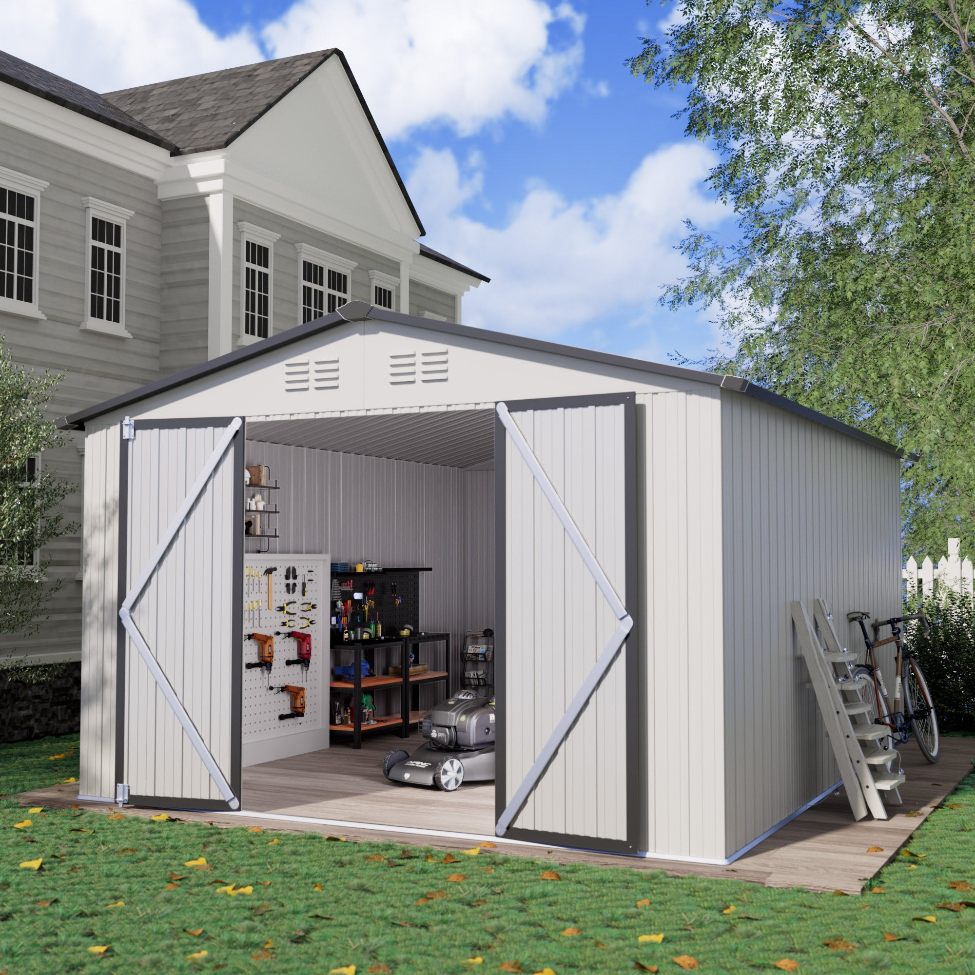 10 x 12 FT Storage Shed, Metal Sheds with Sloping Roof and Lockable Door, Outdoor Shed for Backyard Garden Patio and Lawn