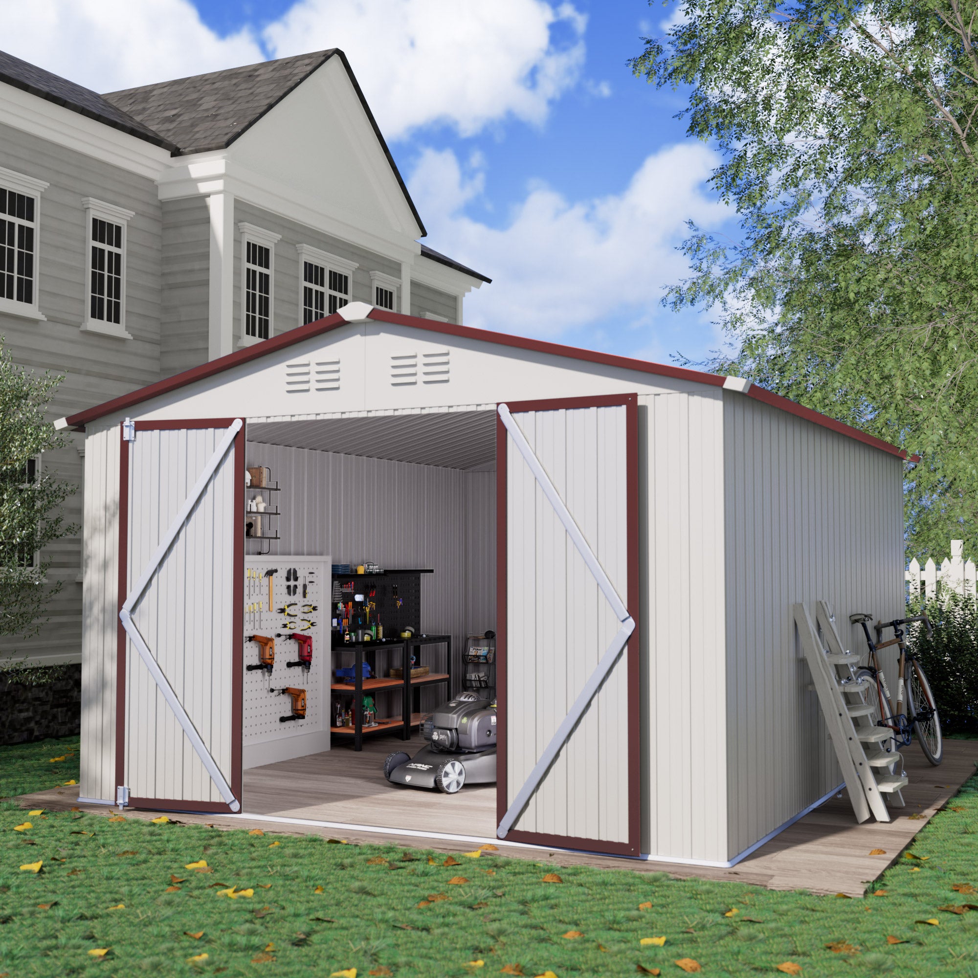 10 x 12 FT Storage Shed, Metal Sheds with Sloping Roof and Lockable Door, Outdoor Shed for Backyard Garden Patio and Lawn