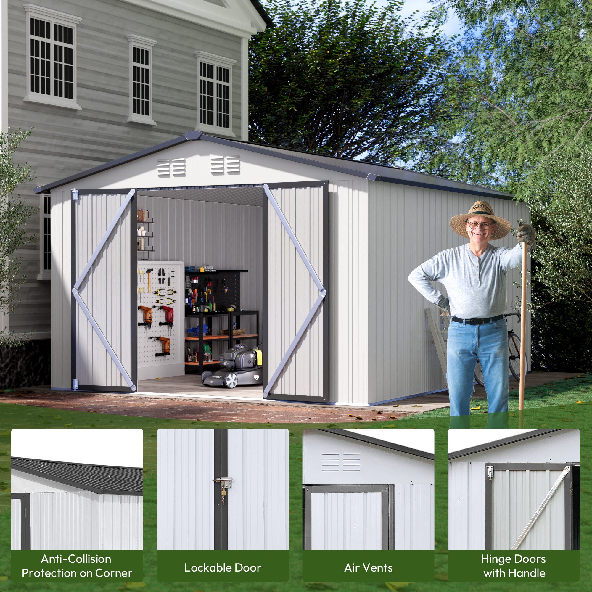 10 x 12 FT Storage Shed, Metal Sheds with Sloping Roof and Lockable Door, Outdoor Shed for Backyard Garden Patio and Lawn