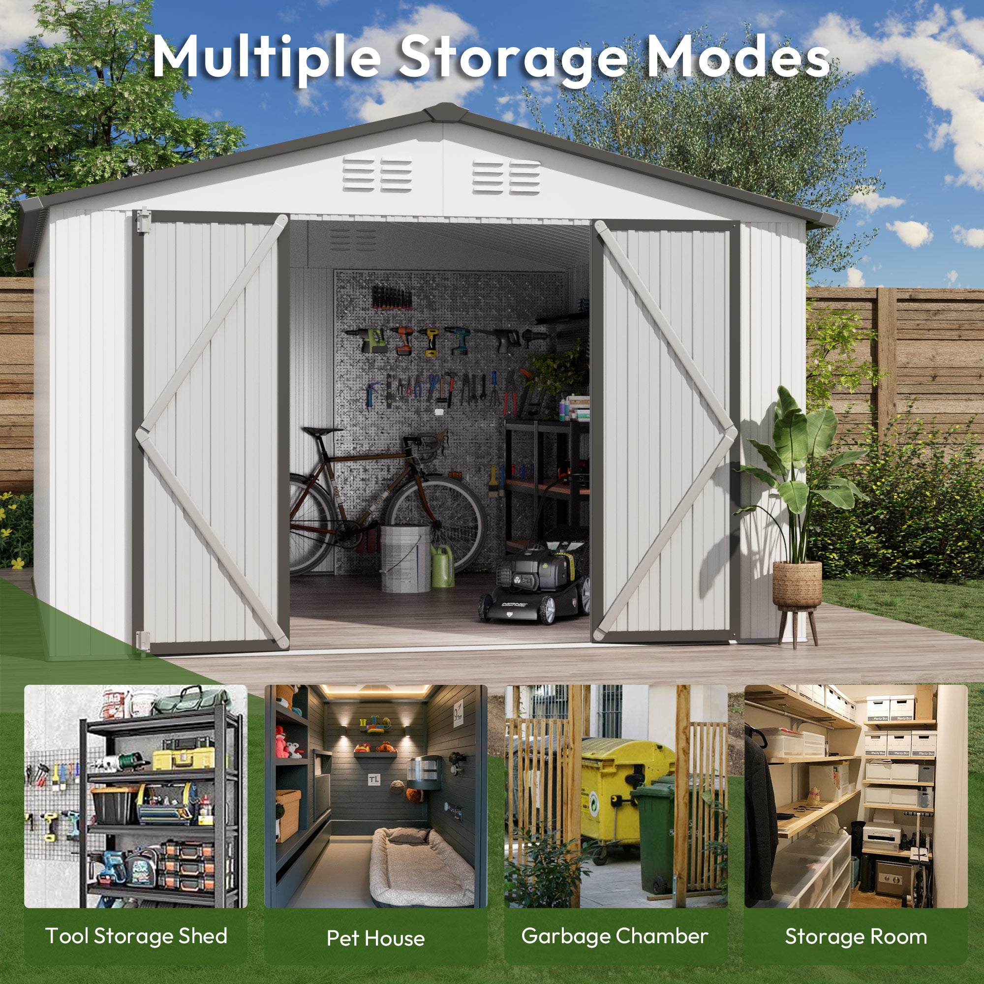 10 x 12 FT Storage Shed, Metal Sheds with Sloping Roof and Lockable Door, Outdoor Shed for Backyard Garden Patio and Lawn