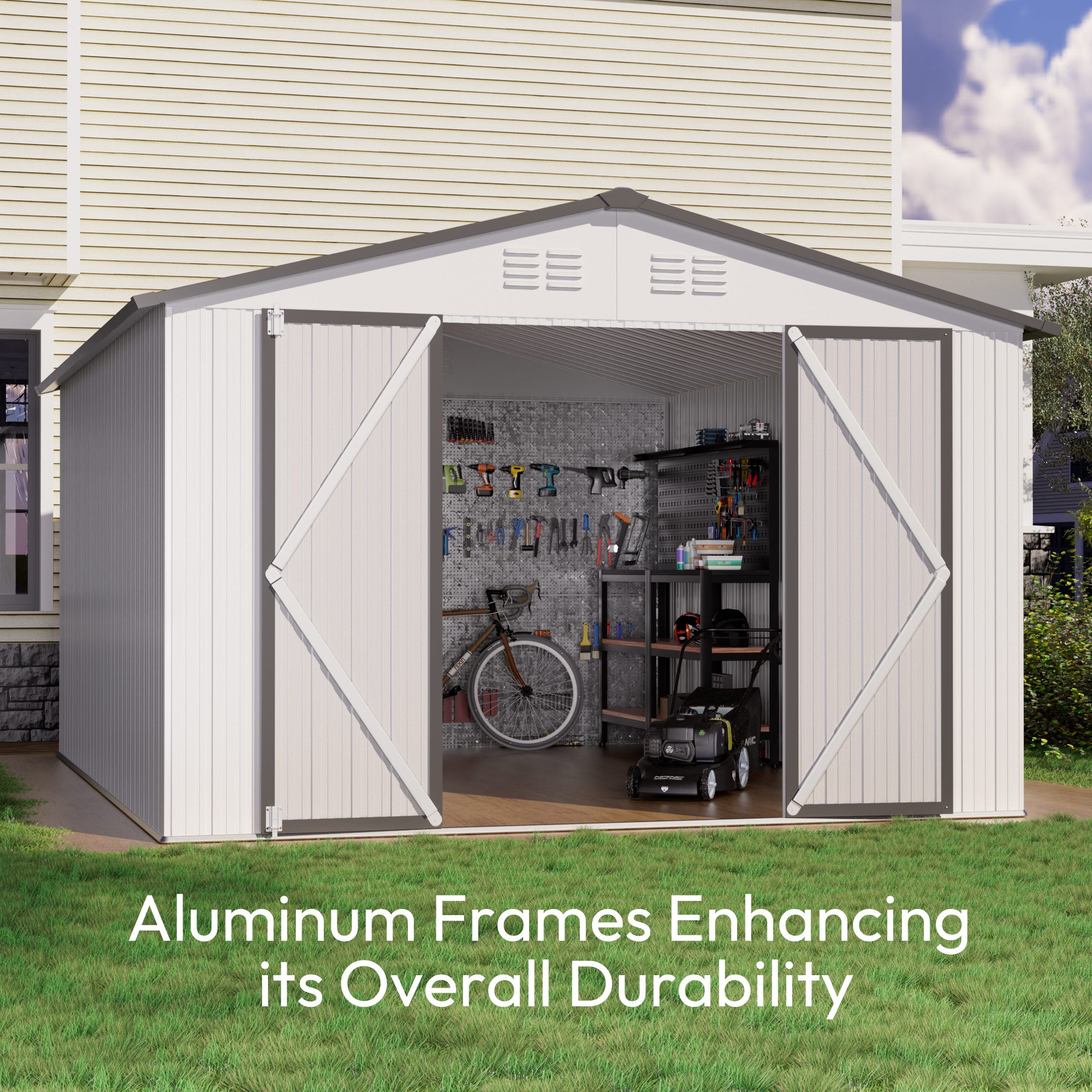 10 x 12 FT Storage Shed, Metal Sheds with Sloping Roof and Lockable Door, Outdoor Shed for Backyard Garden Patio and Lawn