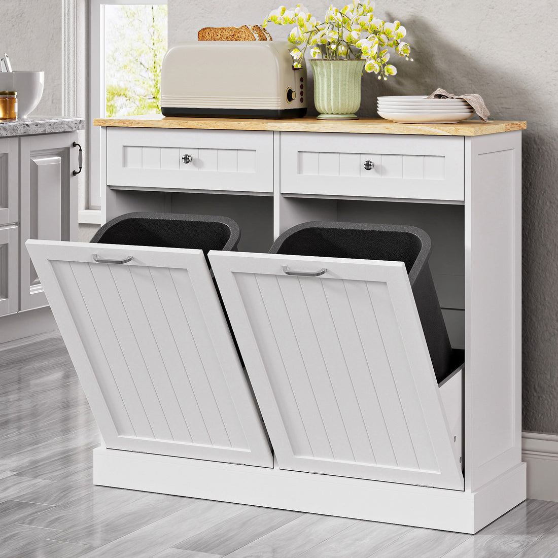 Double Tilt Out Trash Can Cabinet, 20 Gallon Free Standing Hidden Garbage Bin with Drawers, Laundry Sorter for Kitchen, Dining Room, Bathroom