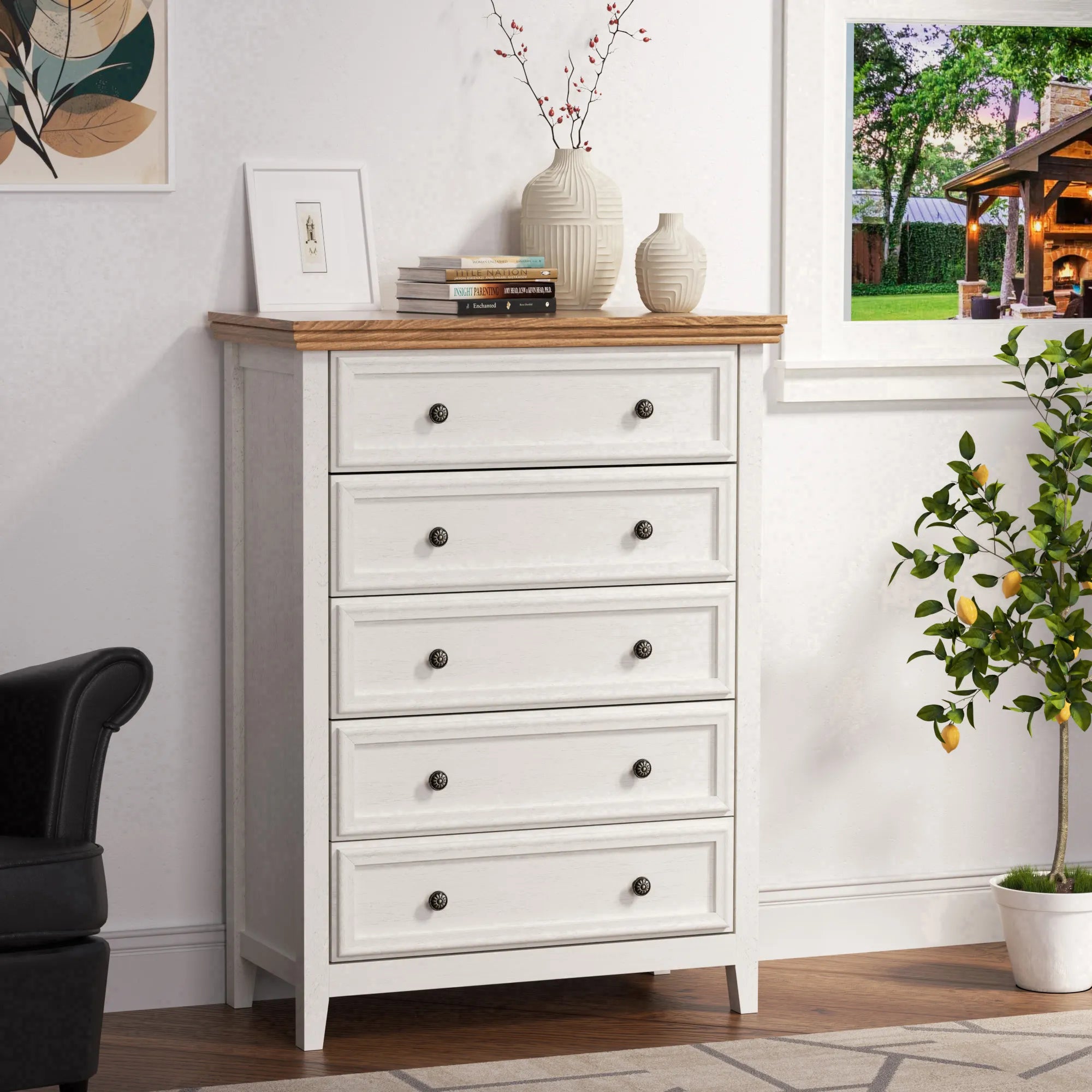 Dresser for Bedroom with 5 Drawers, Modern Chest of Drawers with Metal Handle for Living Room Bedroom Hallway, Farmhouse Dresser 31.5 x 15.75 x 44.3 Inch TV Stand