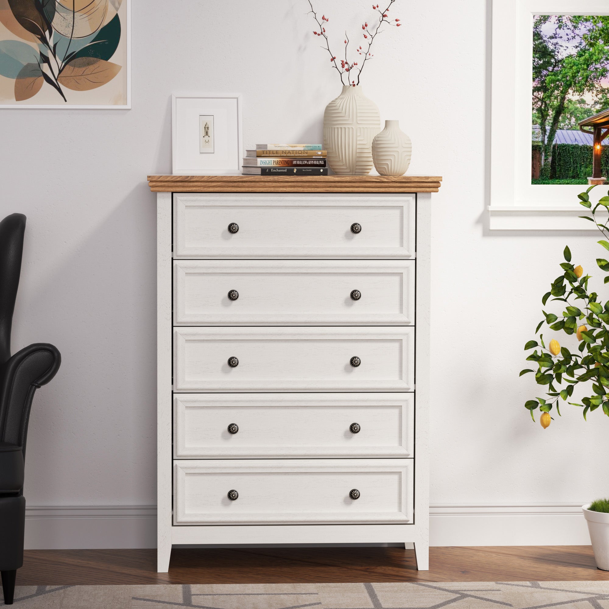 Dresser for Bedroom with 5 Drawers, Modern Chest of Drawers with Metal Handle for Living Room Bedroom Hallway, Farmhouse Dresser 31.5 x 15.75 x 44.3 Inch TV Stand