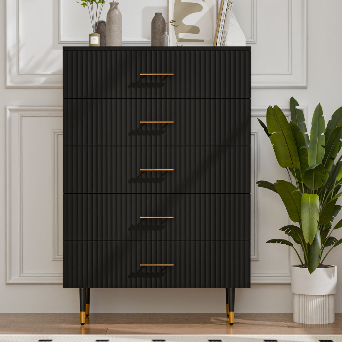 Dresser for Bedroom with 5 Drawers, Black Chest of Drawers with Handle for Bedroom, Hallway 31.5 x 15.7 x 47.2 Inch