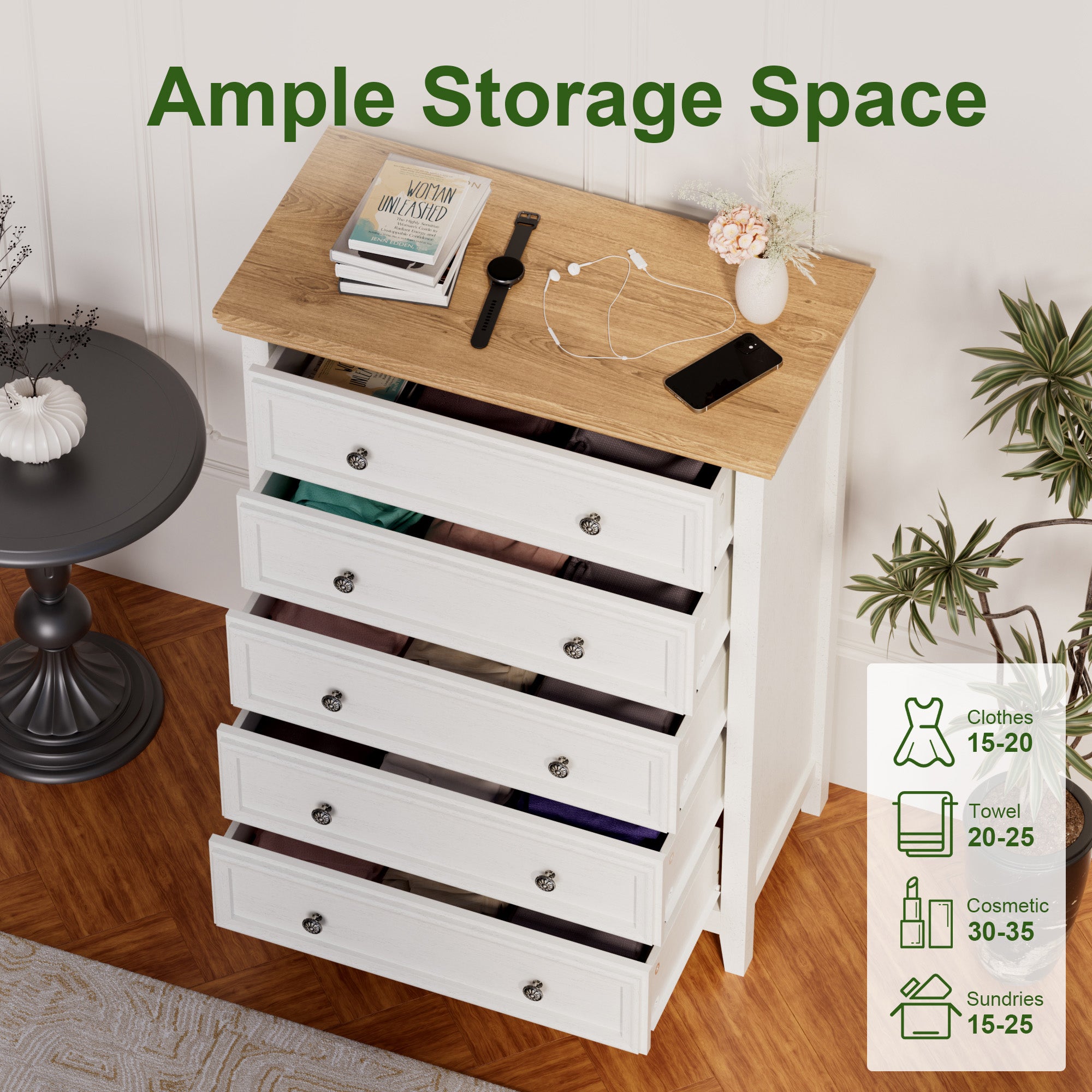 Dresser for Bedroom with 5 Drawers, Modern Chest of Drawers with Metal Handle for Living Room Bedroom Hallway, Farmhouse Dresser 31.5 x 15.75 x 44.3 Inch TV Stand