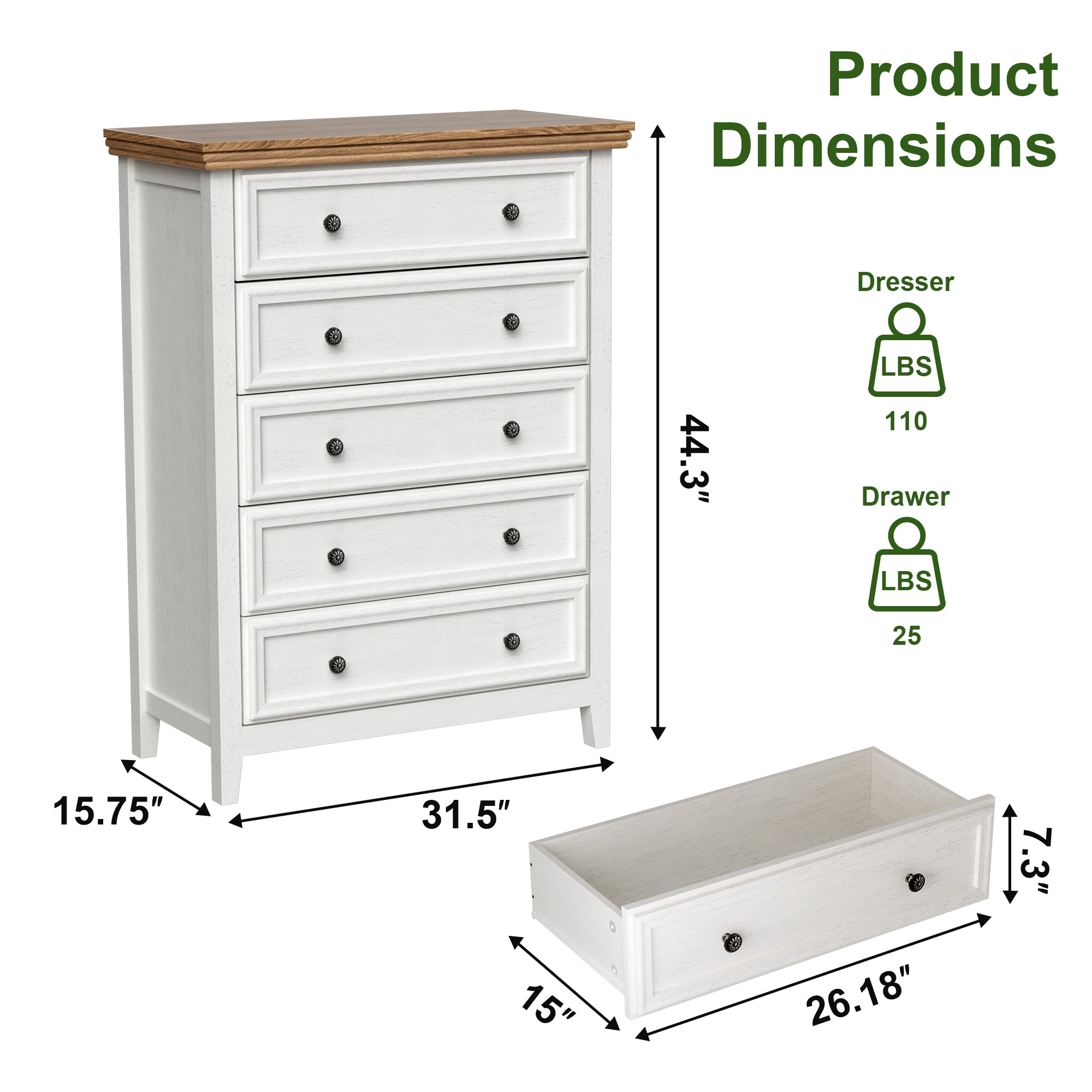 Dresser for Bedroom with 5 Drawers, Modern Chest of Drawers with Metal Handle for Living Room Bedroom Hallway, Farmhouse Dresser 31.5 x 15.75 x 44.3 Inch TV Stand
