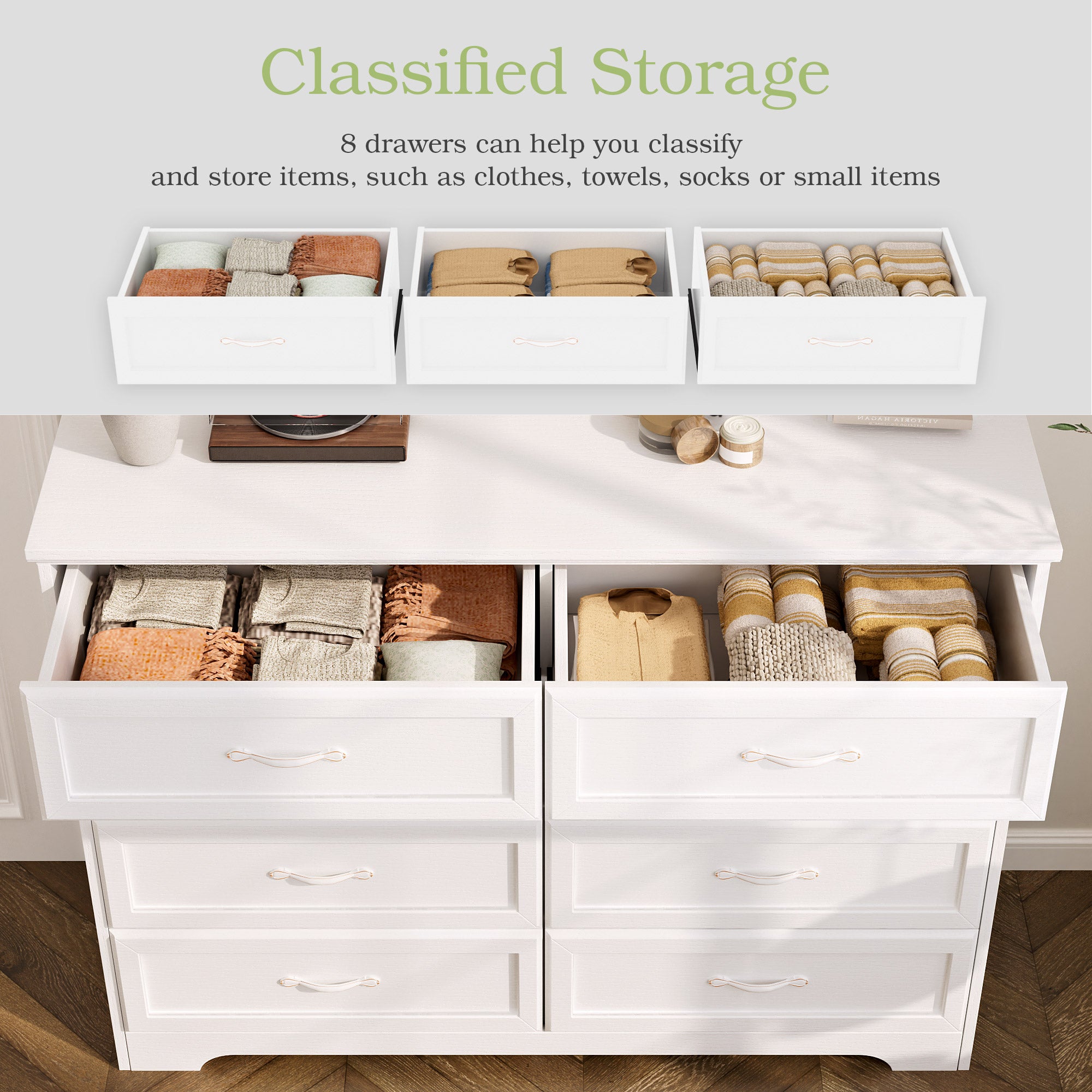 Dresser for Bedroom with 8 Drawers, Modern Chest of Drawers with Aluminium Handle for Living Room Bedroom Hallway, Farmhouse Dresser 47.6 x 15.7 x 36.7 Inch TV Stand