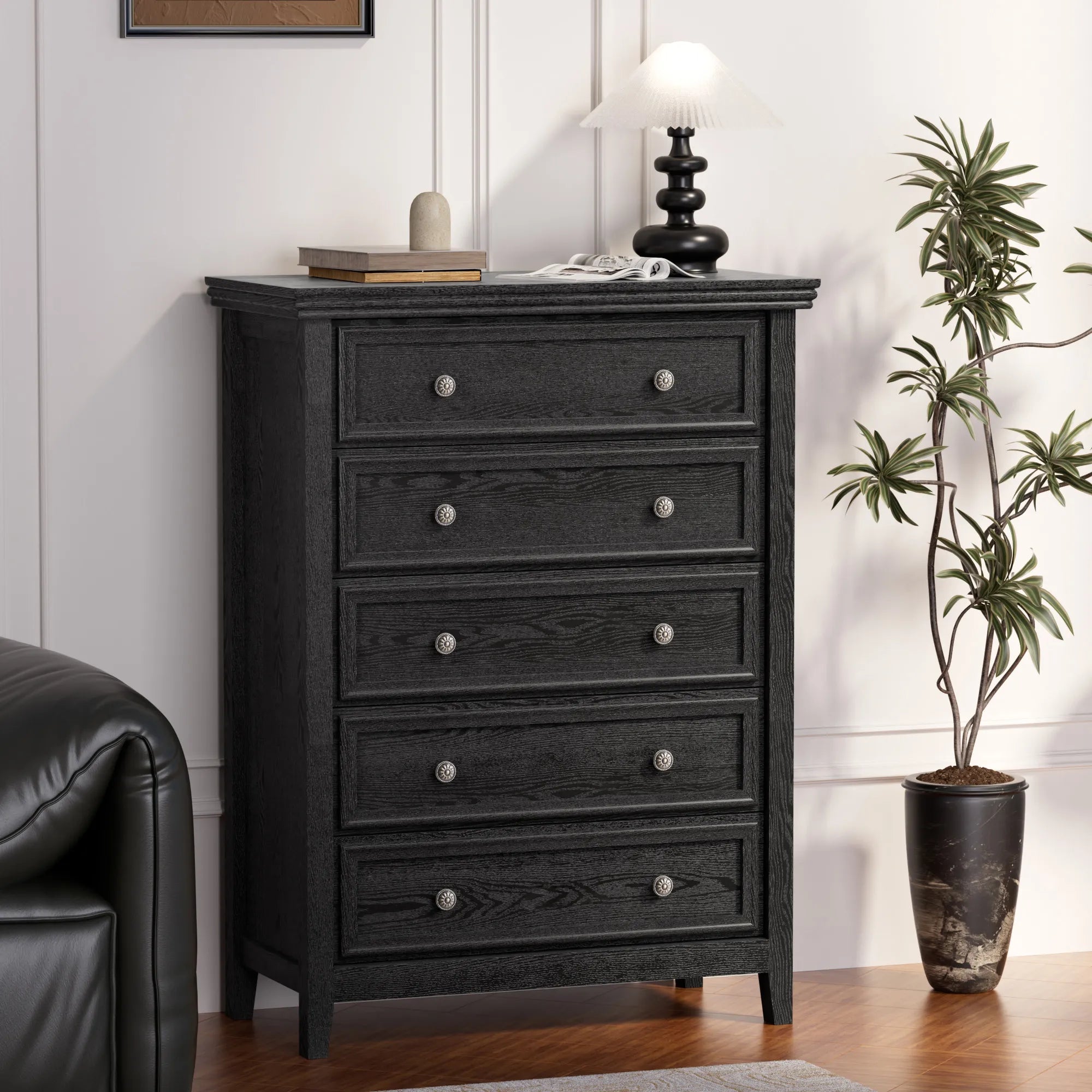 Dresser for Bedroom with 5 Drawers, Modern Chest of Drawers with Metal Handle for Living Room Bedroom Hallway, Farmhouse Dresser 31.5 x 15.75 x 44.3 Inch TV Stand