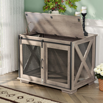 37" Wooden Dog Crate Furniture for Small Medium Dogs, Indoor Heavy Duty Dog Kennel with Sliding Door & Divider, Flip-top Dog Cage TV Stand Table Gray Wash