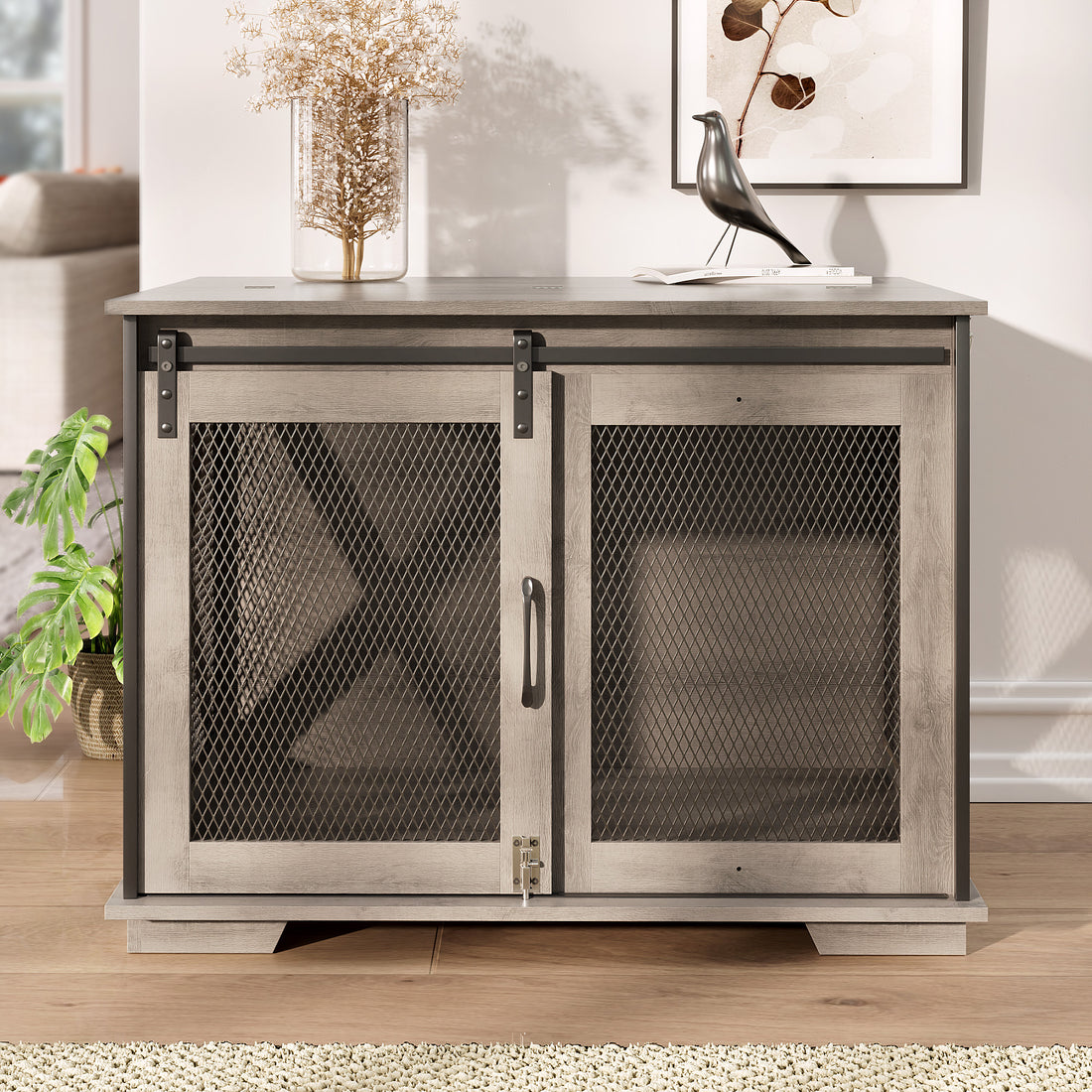 37" Wooden Dog Crate Furniture for Small Medium Dogs, Indoor Heavy Duty Dog Kennel with Sliding Door & Divider, Flip-top Dog Cage TV Stand Table Gray Wash