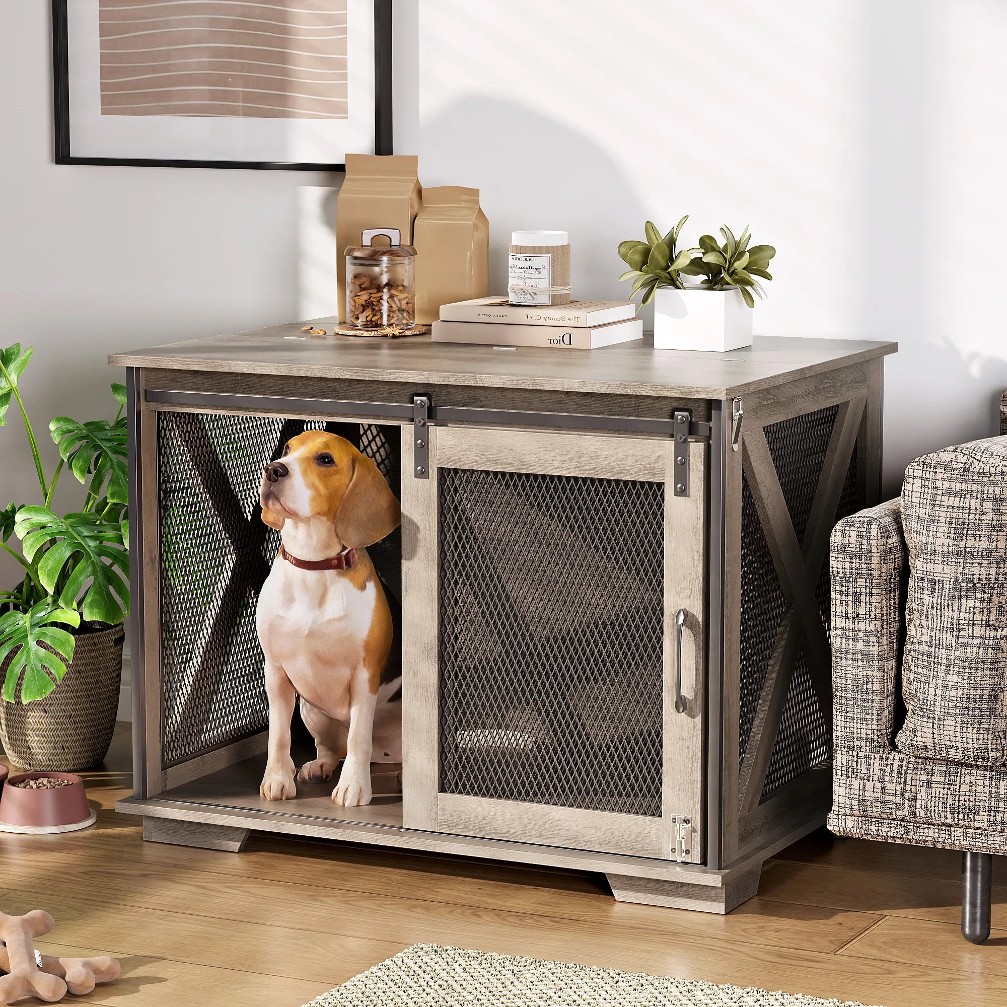 37" Wooden Dog Crate Furniture for Small Medium Dogs, Indoor Heavy Duty Dog Kennel with Sliding Door & Divider, Flip-top Dog Cage TV Stand Table Gray Wash