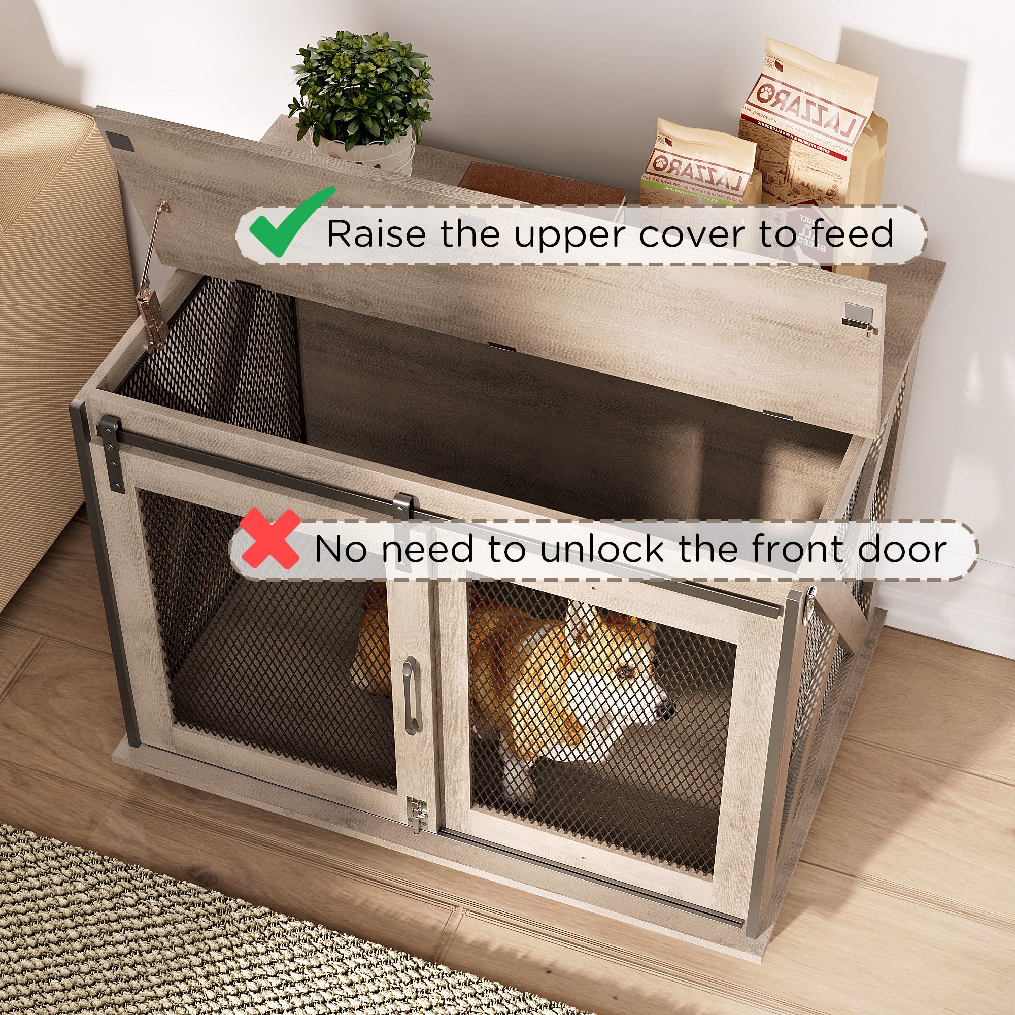 37" Wooden Dog Crate Furniture for Small Medium Dogs, Indoor Heavy Duty Dog Kennel with Sliding Door & Divider, Flip-top Dog Cage TV Stand Table Gray Wash