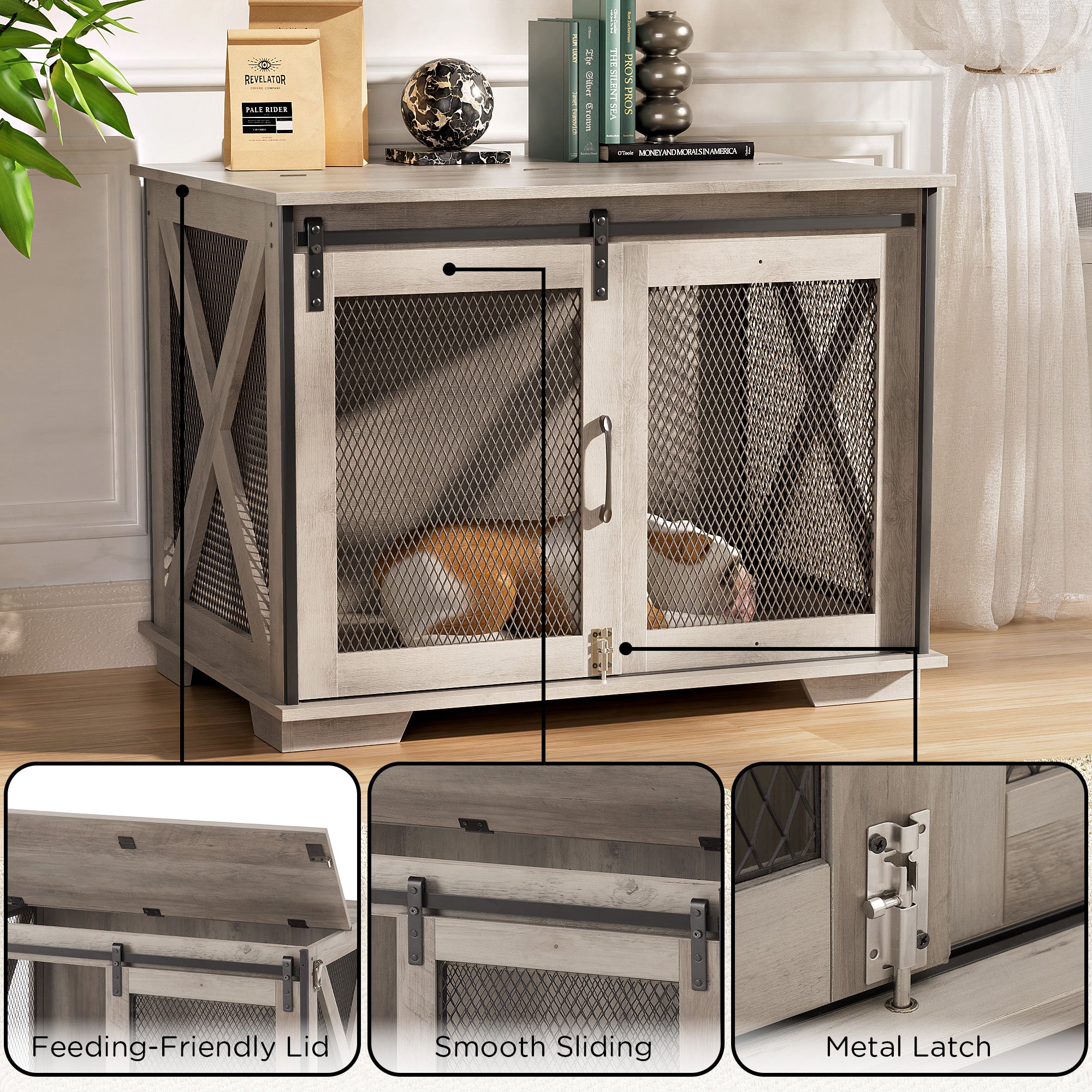 37" Wooden Dog Crate Furniture for Small Medium Dogs, Indoor Heavy Duty Dog Kennel with Sliding Door & Divider, Flip-top Dog Cage TV Stand Table Gray Wash
