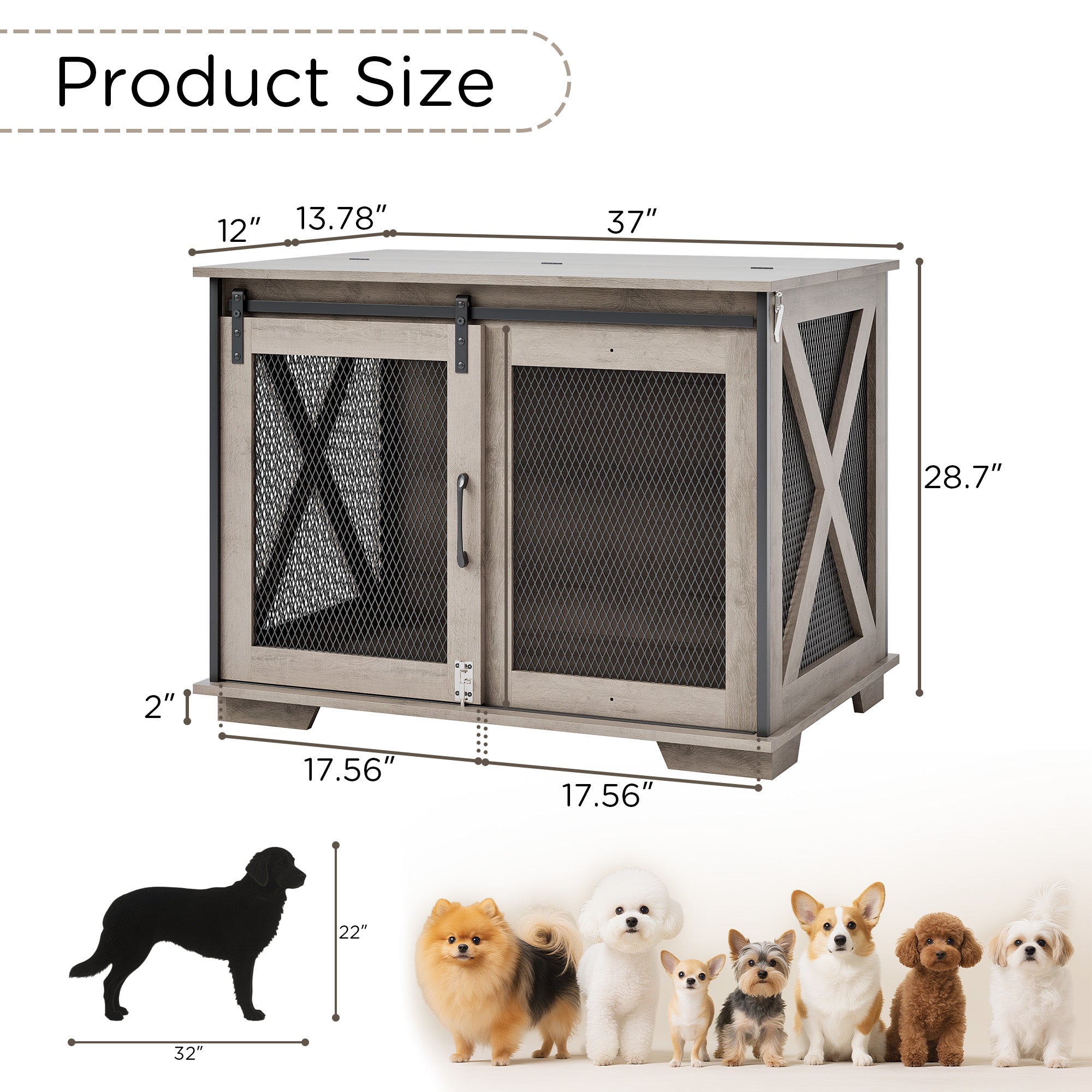 37" Wooden Dog Crate Furniture for Small Medium Dogs, Indoor Heavy Duty Dog Kennel with Sliding Door & Divider, Flip-top Dog Cage TV Stand Table Gray Wash