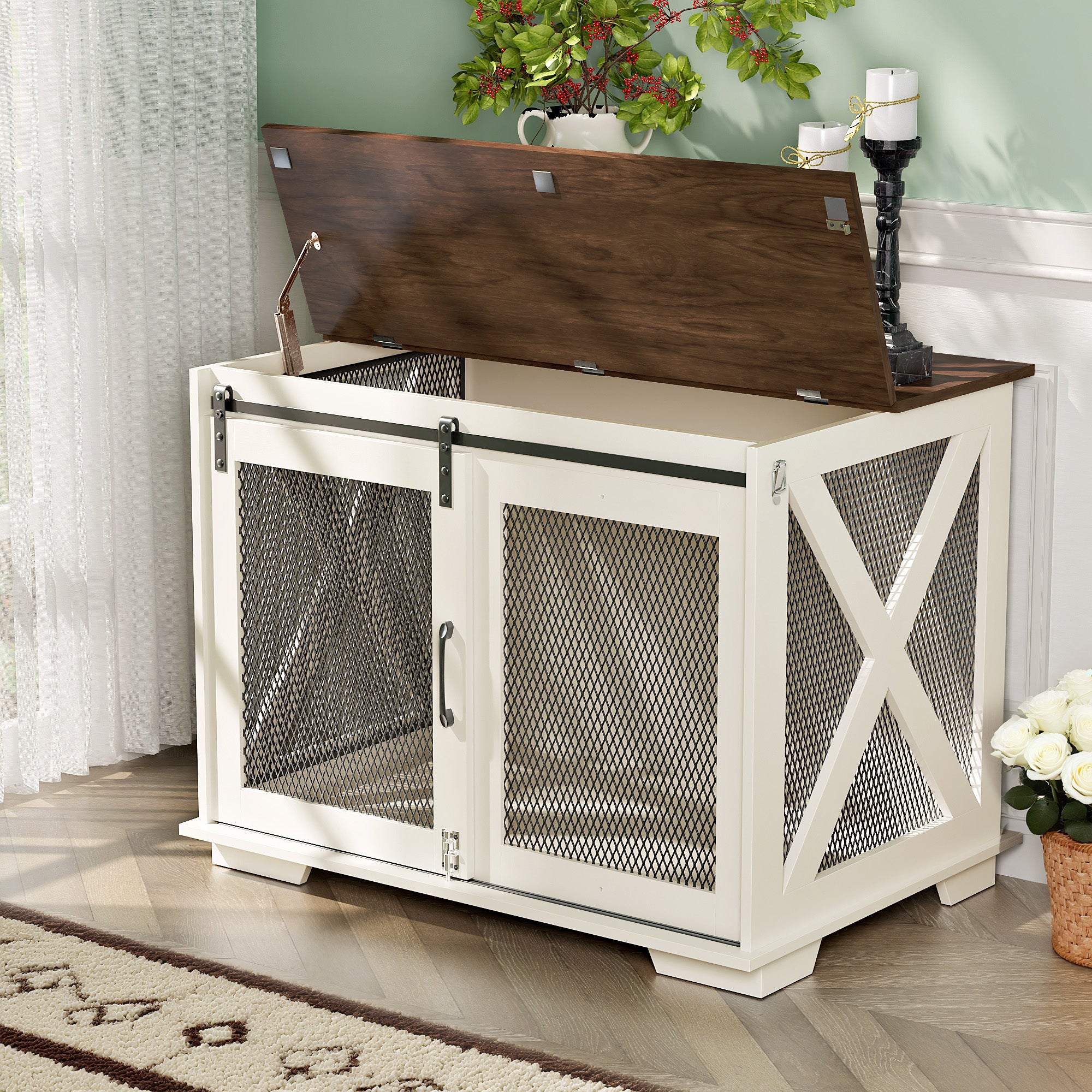 37" Wooden Dog Crate Furniture for Small Medium Dogs, Indoor Heavy Duty Dog Kennel with Sliding Door & Divider, Flip-top Dog Cage TV Stand Table Gray Wash